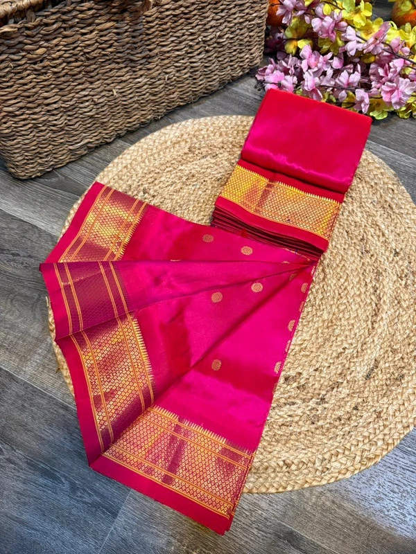 Exclusive Rani Pink Paithani self color pure silk saree with gold zari border, traditional Meena butta weaving and handwoven craftsmanship.