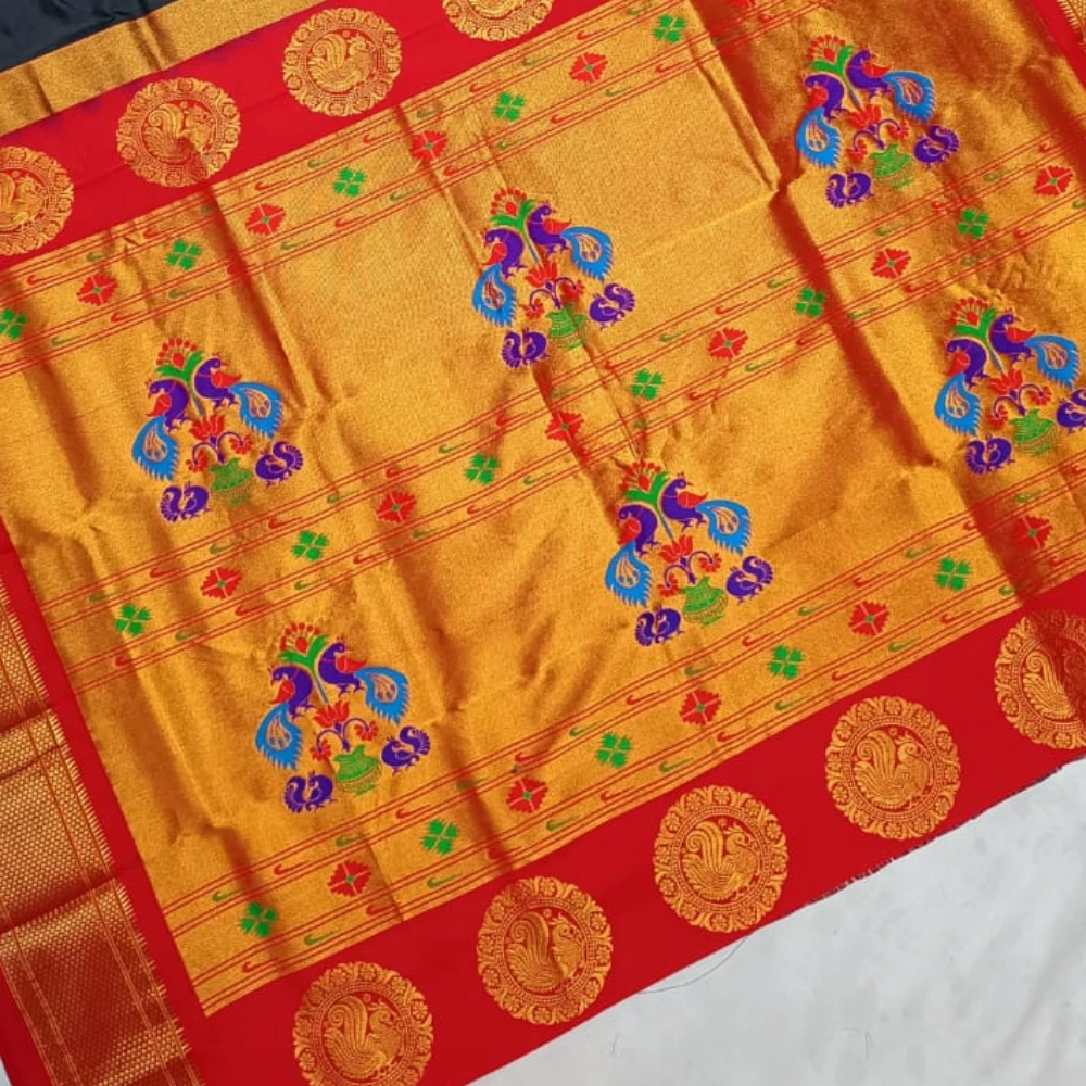 Black with Orange Border Paithani Pure Silk Saree with Meena Butta weaving and traditional zari border