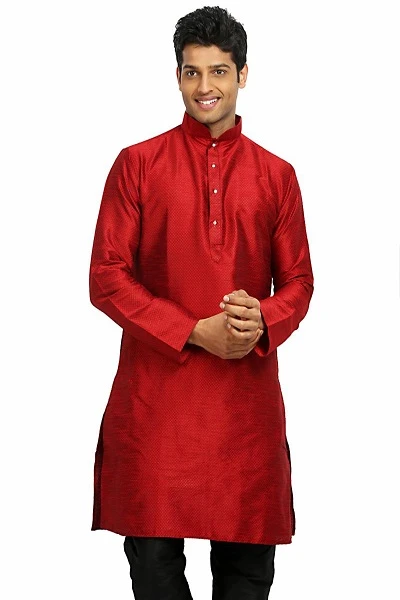 Red Dupion Silk Mens Kurtha with White Pajama