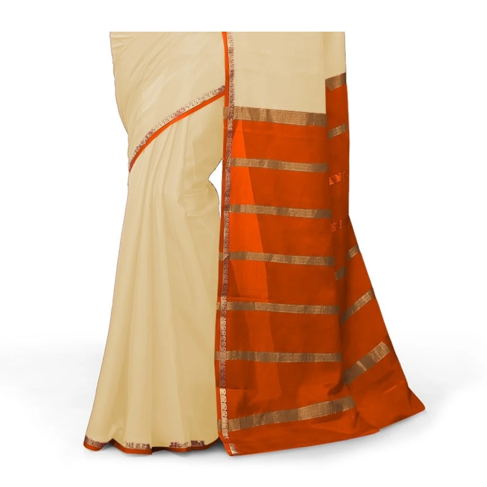 Tussar Cream with Orange Contrast Onam Special Pure Mysore Silk Handwoven saree