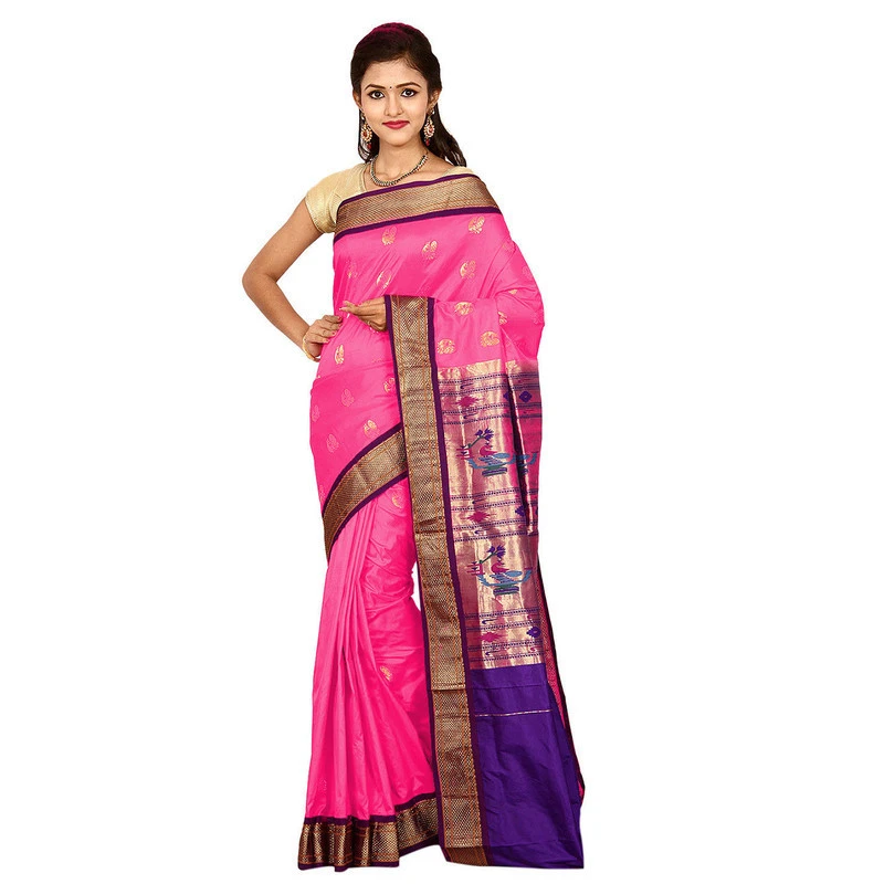Paithani Pure Silk Baby pink with Violet Border Meena Butta  Saree with Silk Mark
