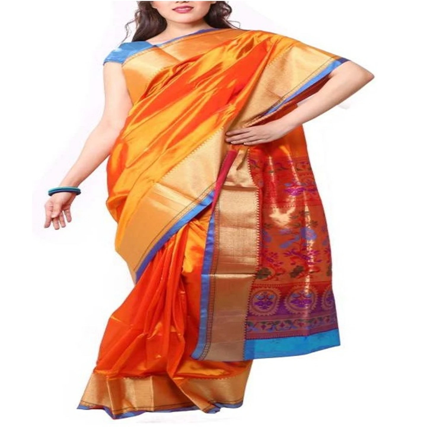 Orange and Anandha Blue Border Woven Paithani Art Silk Saree