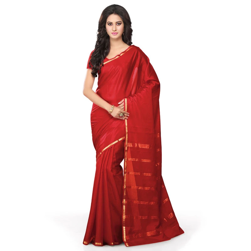 Woven Red Self Colour Pure Mysore Silk Mango Border Saree with Silk Mark