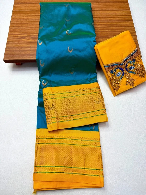 Rama Blue wth Yellow Border Semi Silk Paithani Saree with Peacock Embroidery Blouse