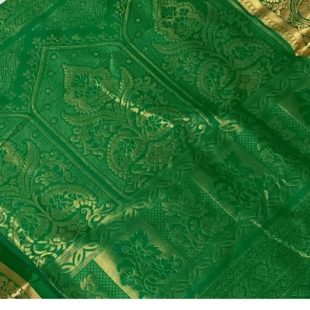 Golden Yellow and Green Contrast Multicolor Exclusive Kanchipuram Pure Silk Saree with Bentex Border & Diamond Butta