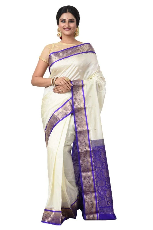 Kanchipuram Pure Silk Saree in Milk White with Voilet Contrast for Durga Pooja