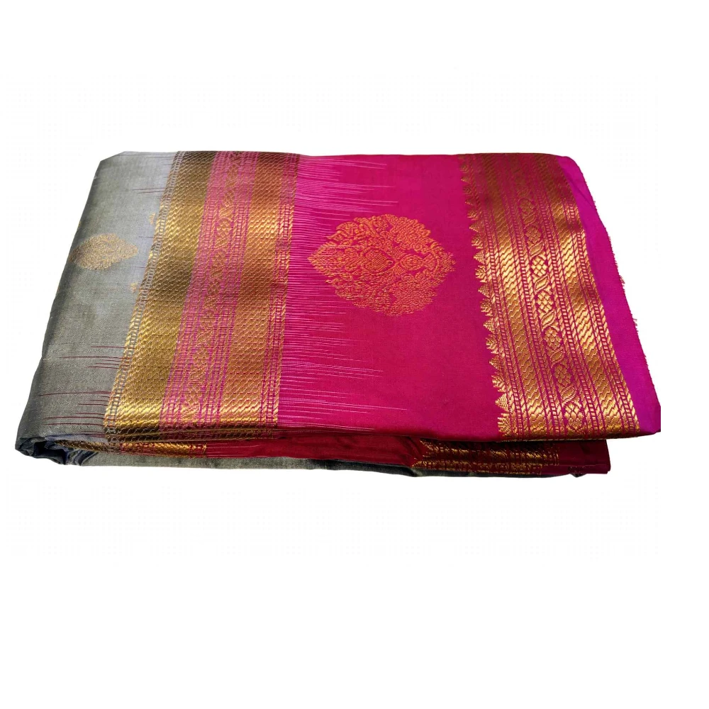 Grey & Pink Kanchipuram Pure Silk Saree with Blouse