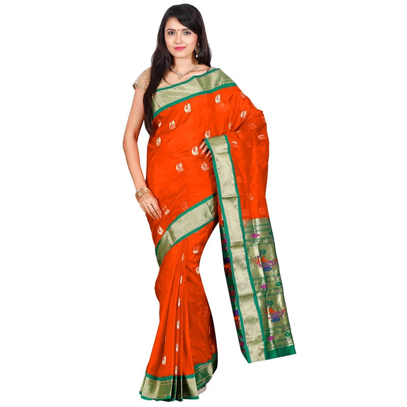 Handwoven Paithani Pure Silk Orange and Green Border Saree with Silk Mark