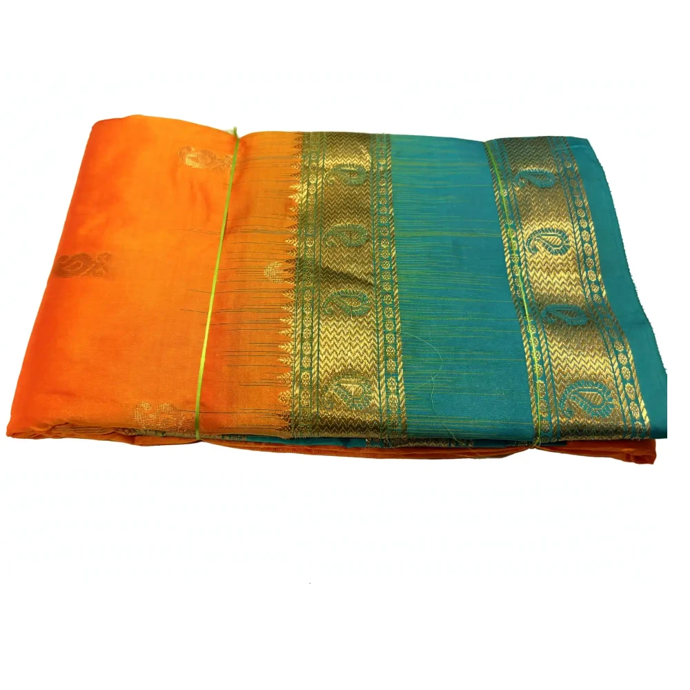 Exclusive Kanchipuram Pure Silk Saree with Pure Silk Blouse - Orange & Teal