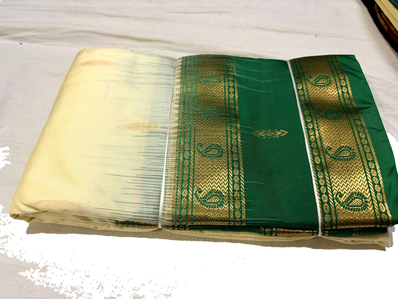Cream & Green Kanchipuram Pure Silk Saree with Blouse