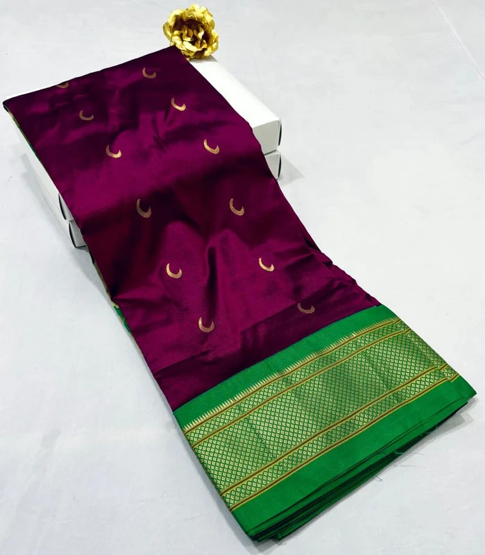 Wine with Green Border Paithani Pure Silk Saree with Meena Butta weaving and traditional zari border