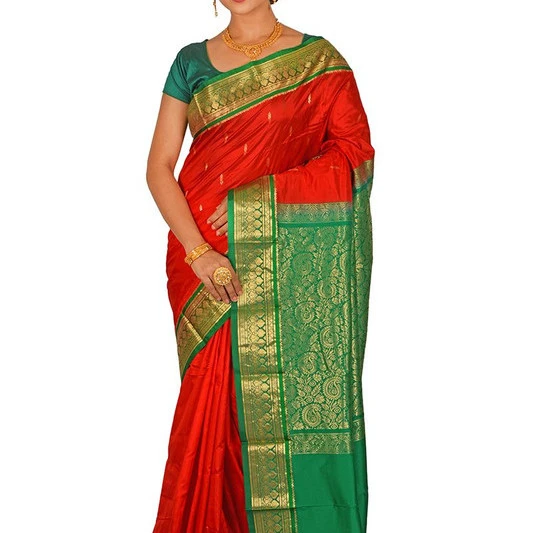 Traditional Kanchipuram Pure Silk Saree in Orange with Voilet Contrast 