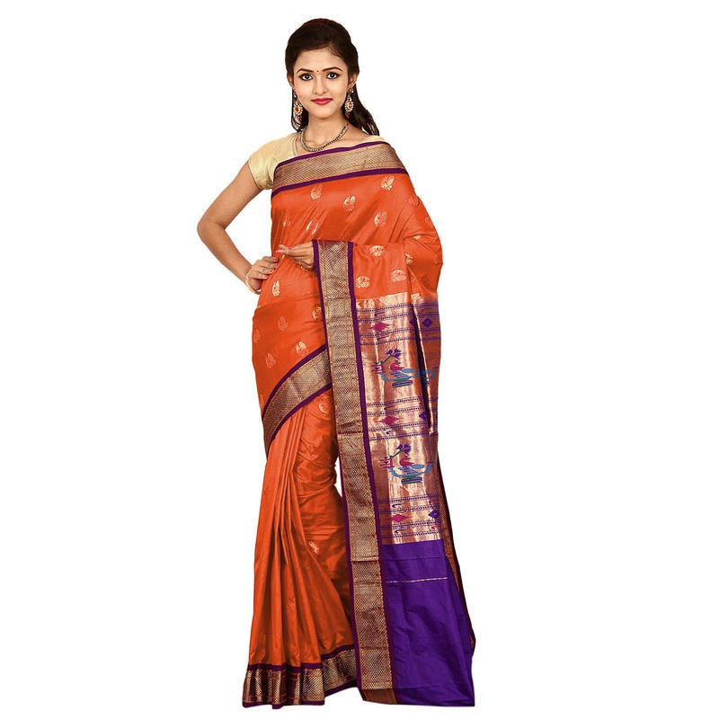 Paithani Pure Silk Orange with Violet Border Meena Butta  Saree with Silk Mark