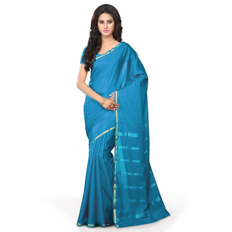 Woven Sky Blue Self Colour Pure Mysore Silk Mango Border Saree with Silk Mark