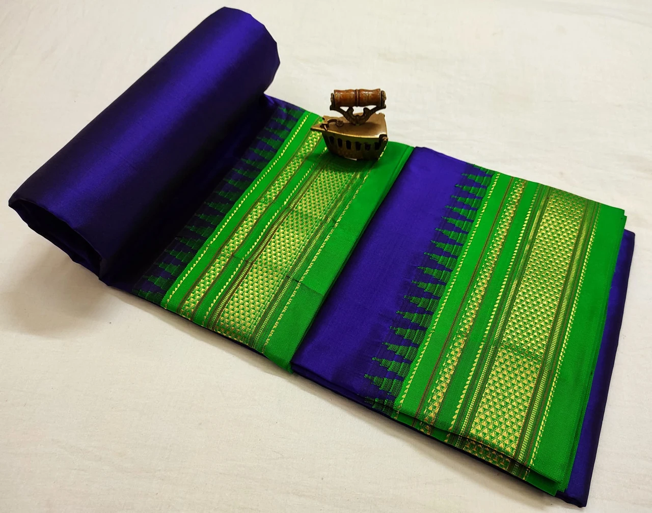 Blue Green Ilkaal plain pure saree with pink contrast zari border traditional handloom design