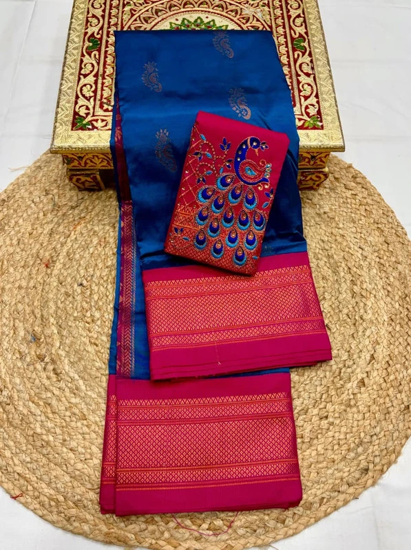 Blue wth Rani Border Semi Silk Paithani Saree with Peacock Embroidery Blouse