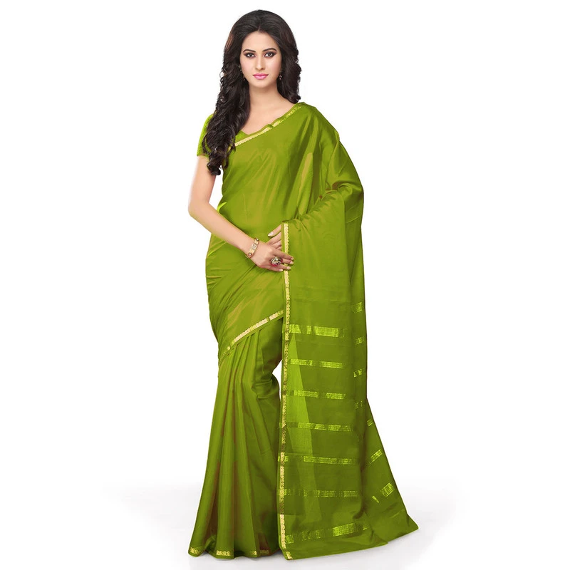 Woven Olive Green Self Colour Pure Mysore Silk Mango Border Saree with Silk Mark