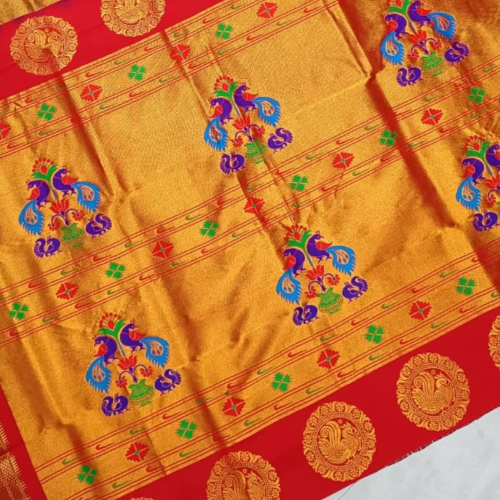 Magenta with Red Border Paithani Pure Silk Saree with Meena Butta weaving and traditional zari border