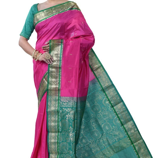 Dark Rani Pink and Green Contrast Traditional Kanchipuram Pure Silk Saree