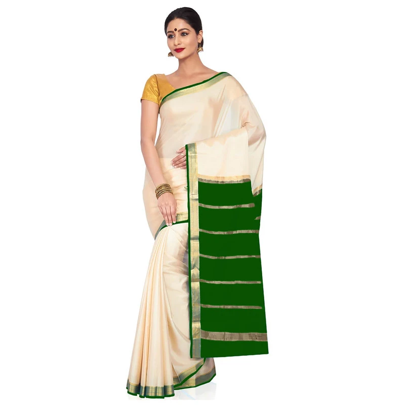 Tussar Cream with Leaf Green Contrast Onam Special Pure Mysore Silk Handwoven saree