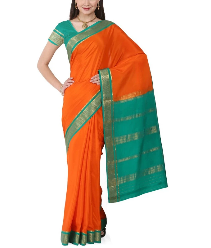 Orange with Teal Green Contrast  Superior Quality Pure Mysore Silk Saree