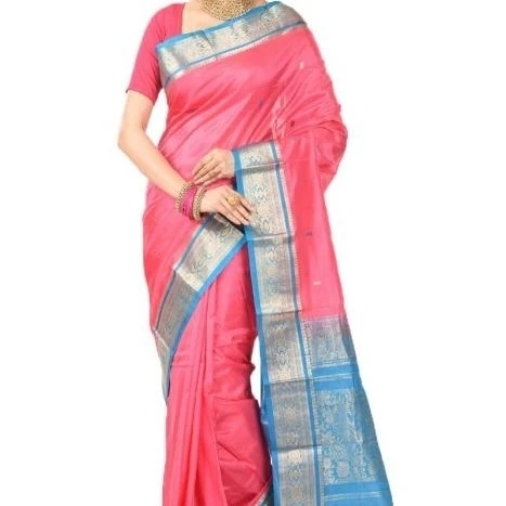 Peach Pink and Ananda Blue Contrast Traditional Kanchipuram Pure Silk Saree