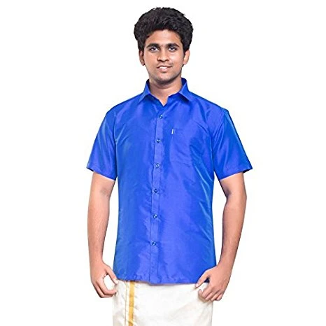 Blue Dupion Silk Half Slevees Shirt