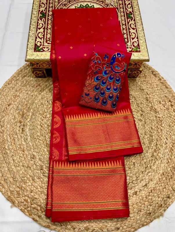 Royal Red Self Semi Silk Paithani Saree with Peacock Embroidery Designer Blouse