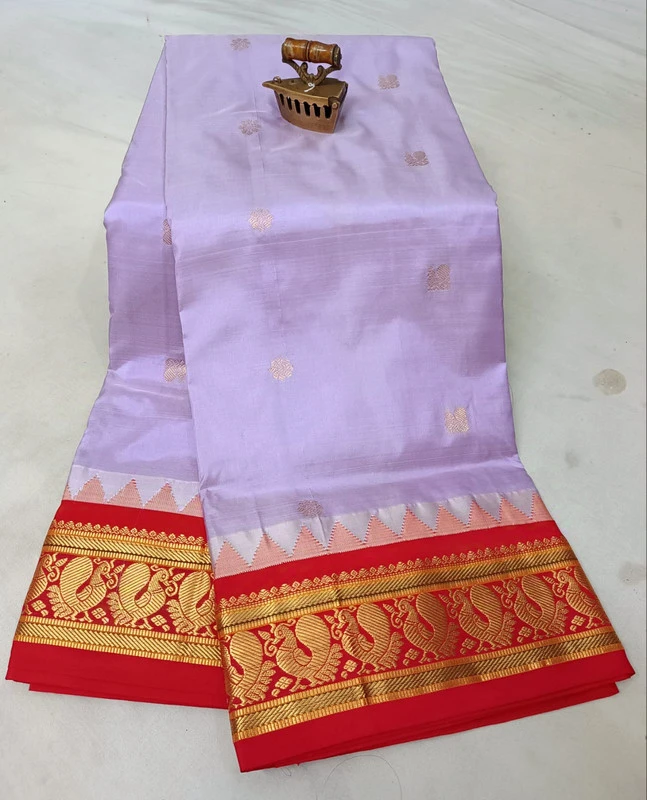 Lite Lavender with Red traditional silk saree with zari border for festive and wedding occasions