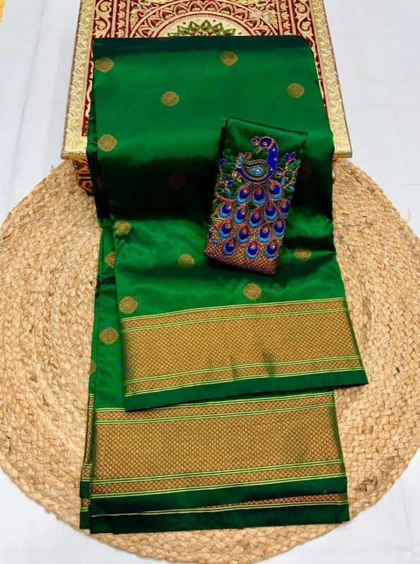 Regal Bottle Green Self Semi Silk Paithani Saree with Peacock Embroidery Designer Blouse