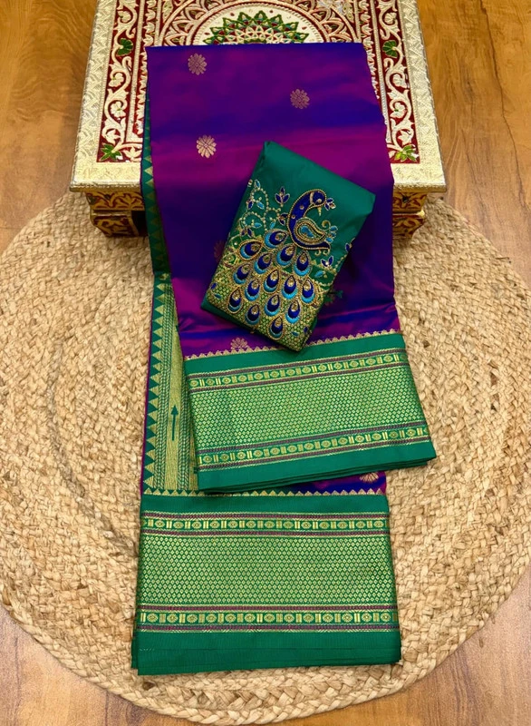Magenta and Green Semi Silk Paithani Saree with Peacock Embroidery Designer Blouse