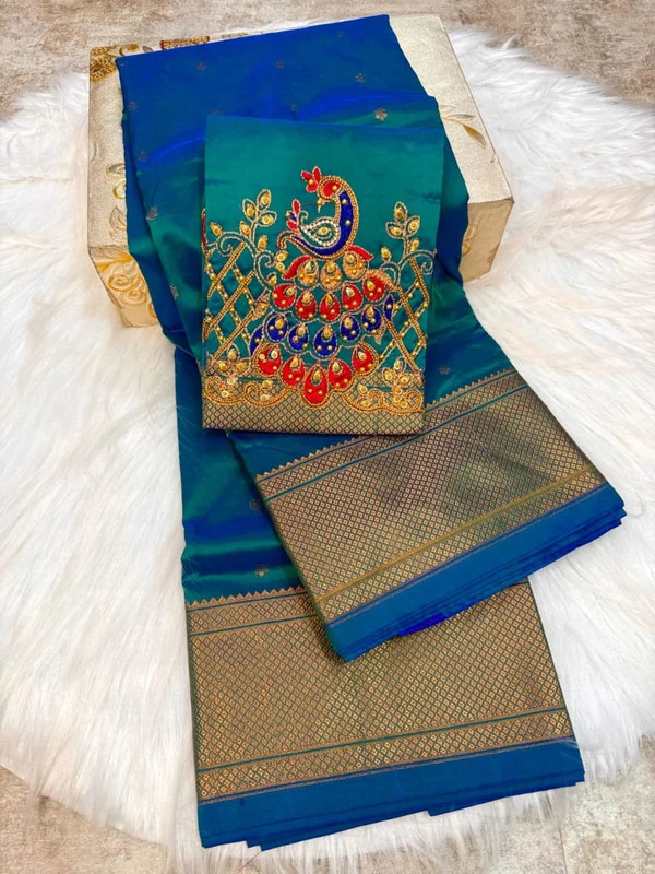 Ananda Self Color Semi Silk Paithani Saree with Peacock Embroidery Designer Blouse