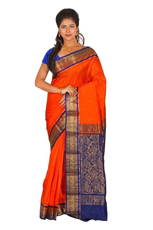 Nine Yards Kanchipuram Pure Silk Saree in Bright Orange with Royal Blue Contrast
