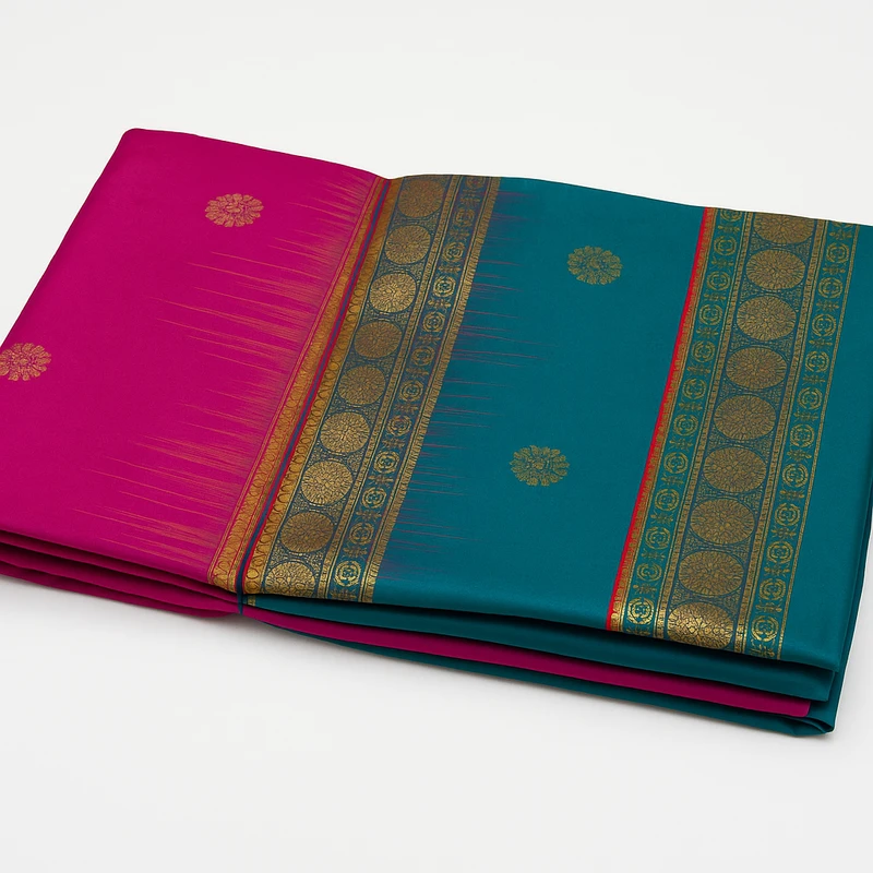 Exclusive Rani with Green Contrast Kanchipuram Pure Silk Saree with Bentex Border & Diamond Butta