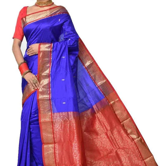 Royal Blue and Red Contrast Traditional Kanchipuram Pure Silk Saree
