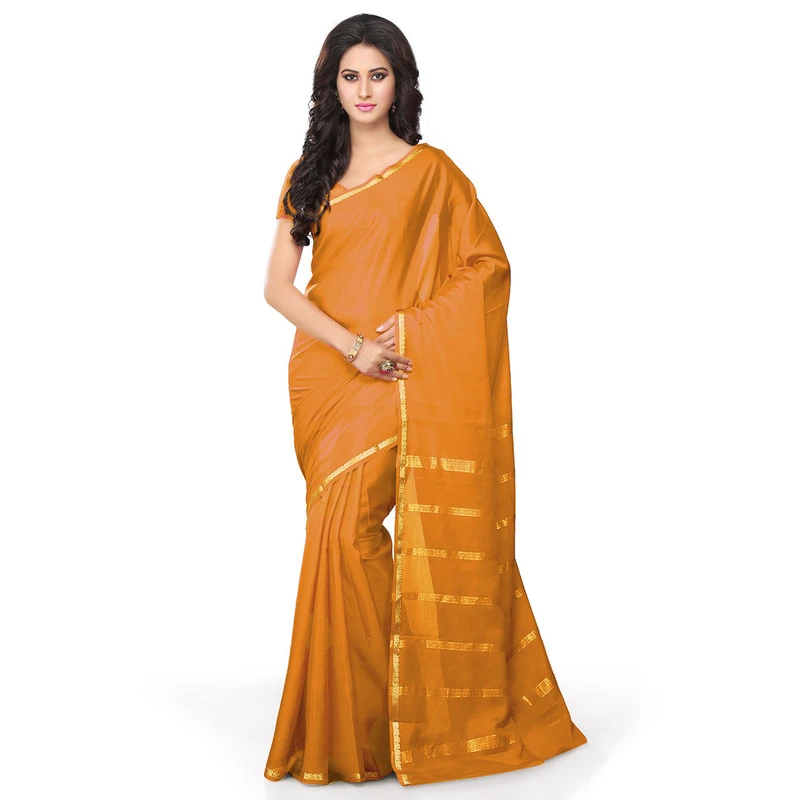 Woven Peach Orange Self Colour Pure Mysore Silk Mango Border Saree with Silk Mark