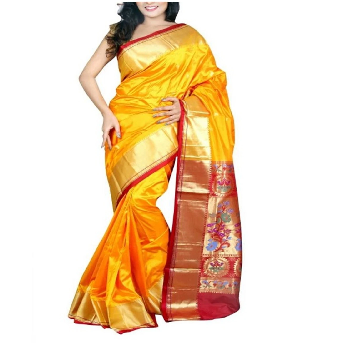 Golden Yellow  and Marron Border Woven Paithani Art Silk Saree