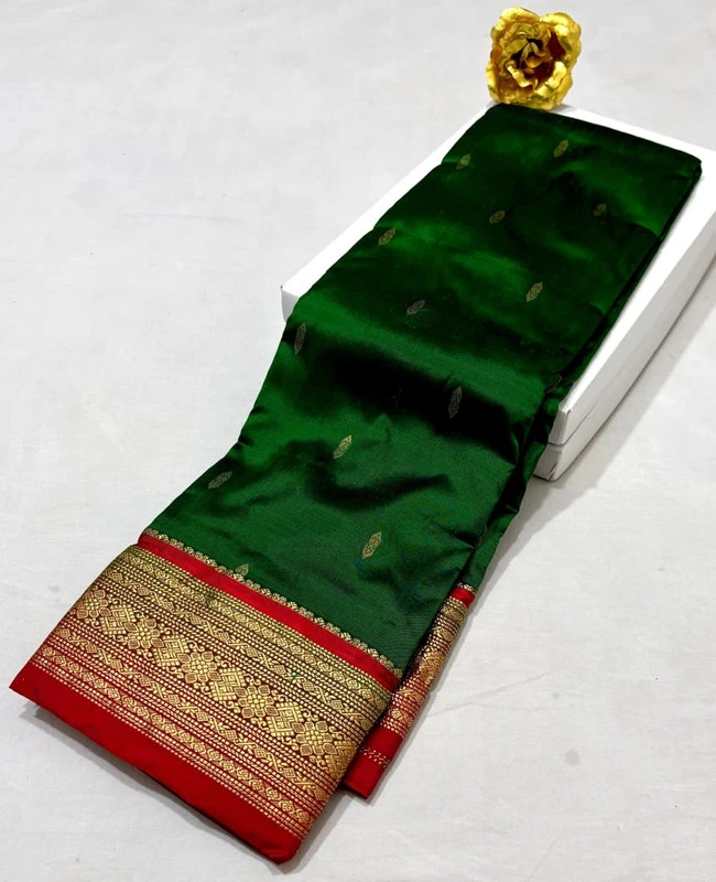 Kanchipuram silk saree green red border gold zari temple design wedding silk sari