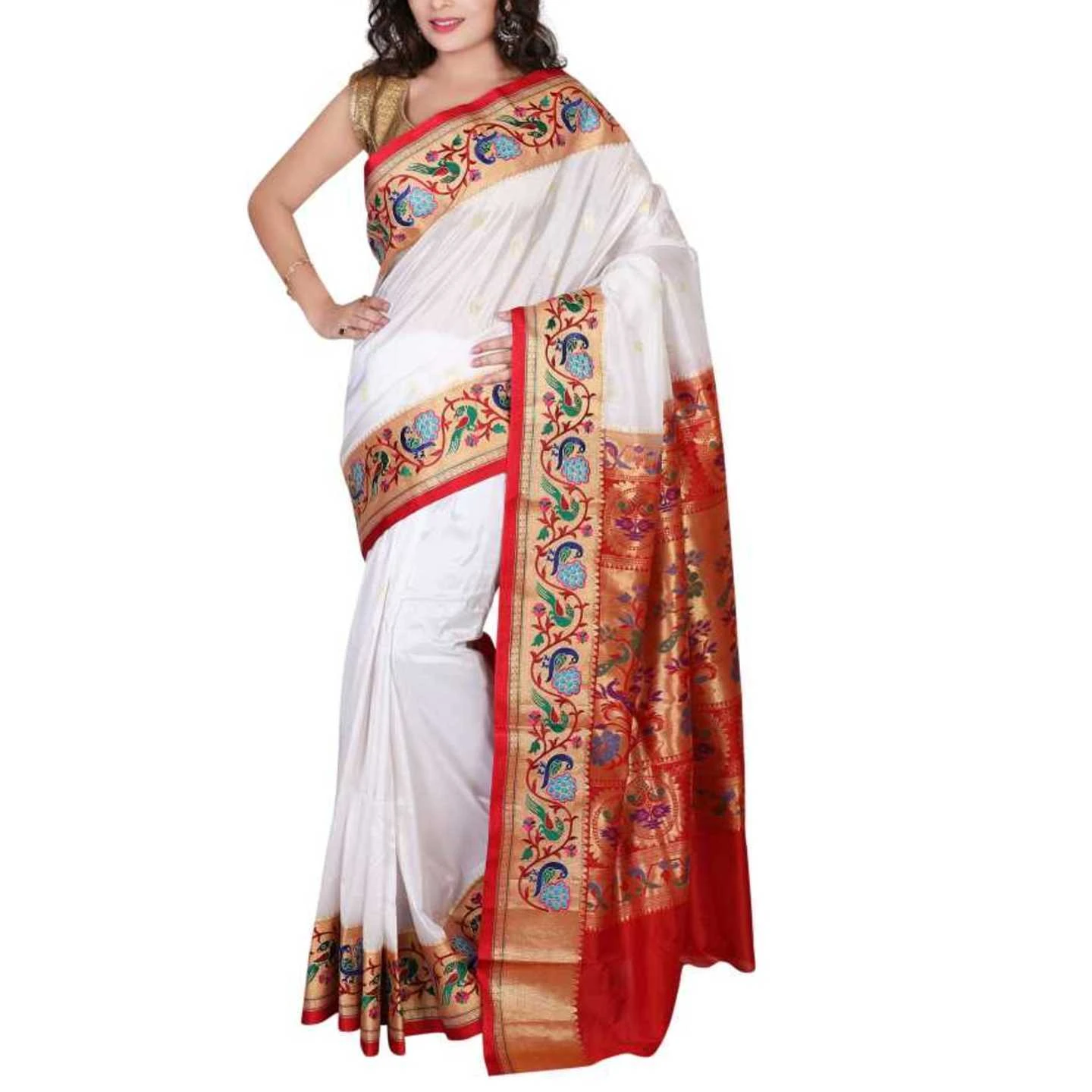 Milk White and Red Fancy Embroidery Border Paithani Art Silk Saree