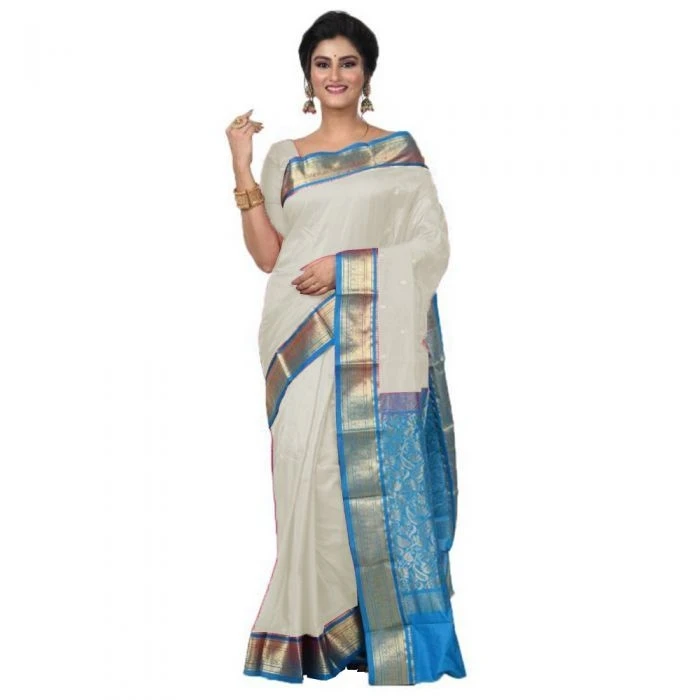 Kanchipuram Pure Silk Milk White and Anandha Contrast Handloom Saree
