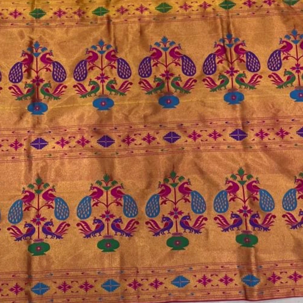 Red wth Green Border Semi Silk Paithani Saree with Peacock Embroidery Blouse