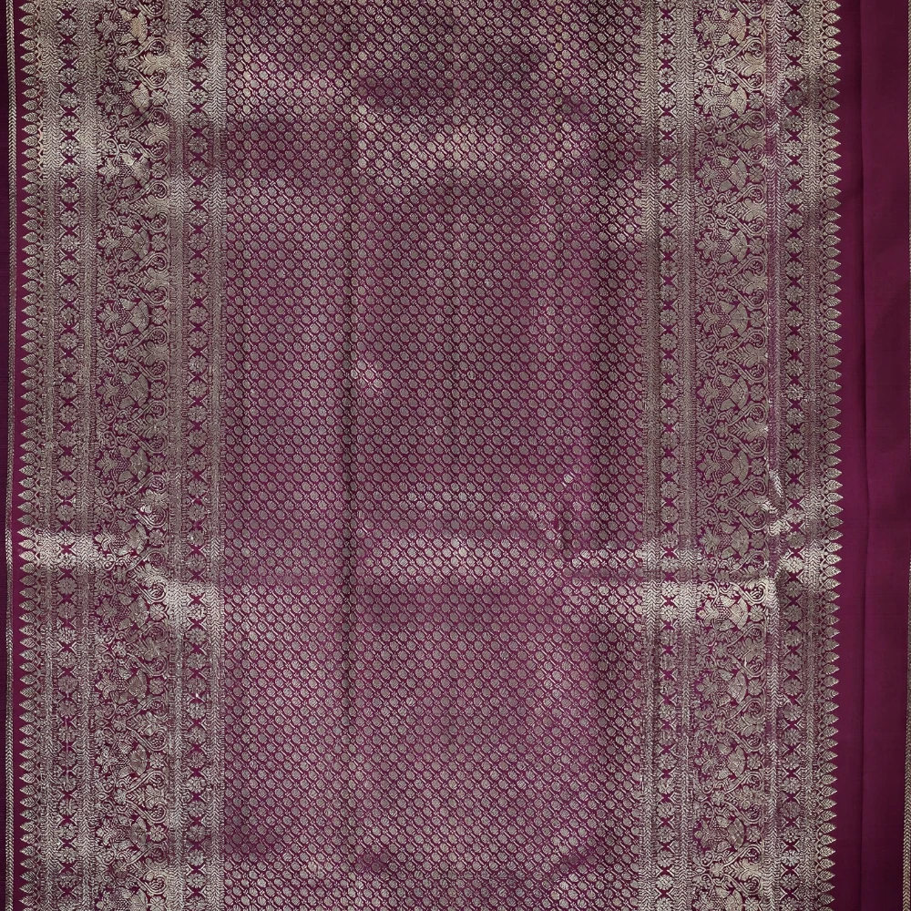 Deep Wine Purple with Grand Border Kanchipuram Pure Silk Handloom Saree Silk Mark with Blouse - FabFashionz