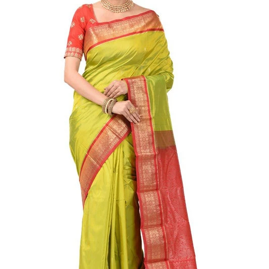 Parrot Green and Red Contrast Traditional Kanchipuram Pure Silk Saree
