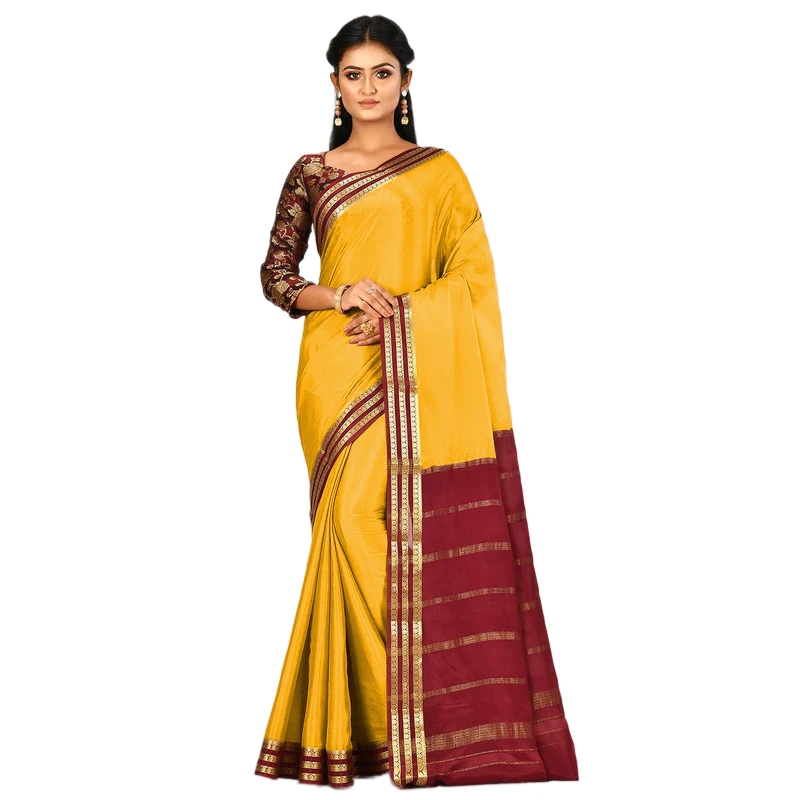 Mastard and Marron Contrast  Three Lines Border Pure Mysore Silk Saree with silk Mark