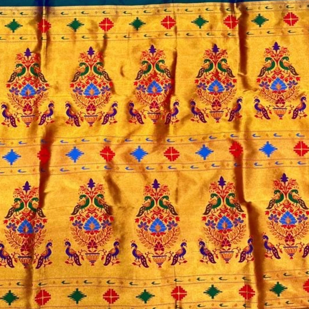 Heritage Ananda Green Self Semi Silk Paithani Saree with Peacock Embroidery Designer Blouse