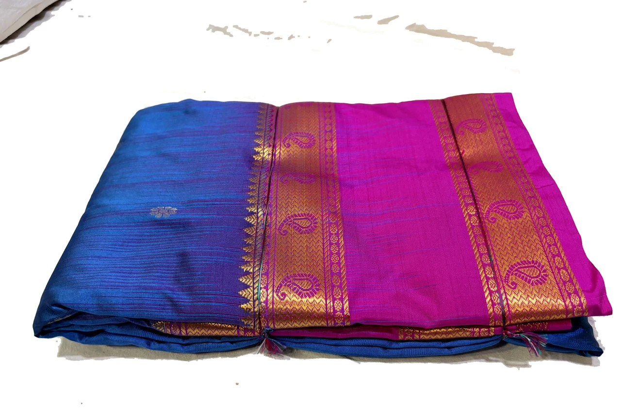 Exclusive Kanchipuram Pure Silk Saree with Pure Silk Blouse - Blue & Pink