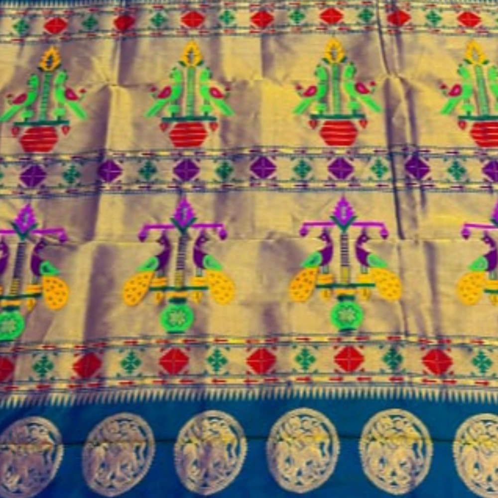 Exclusive Parrot Green Paithani self color pure silk saree with gold zari border, traditional Meena butta weaving and handwoven craftsmanship.