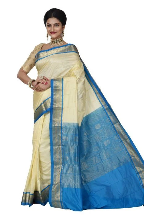 Kanchipuram Pure Silk Saree in Cream with Anandha Blue Contrast for Durga Pooja