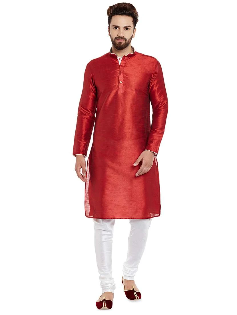 Red Dupion Silk Mens Kurtha with White Pajama
