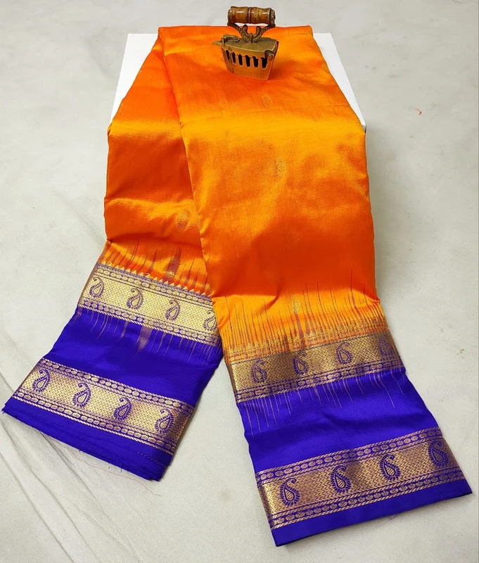 Orange and Violet Kanchipuram silk saree with Bentex border and golden motifs